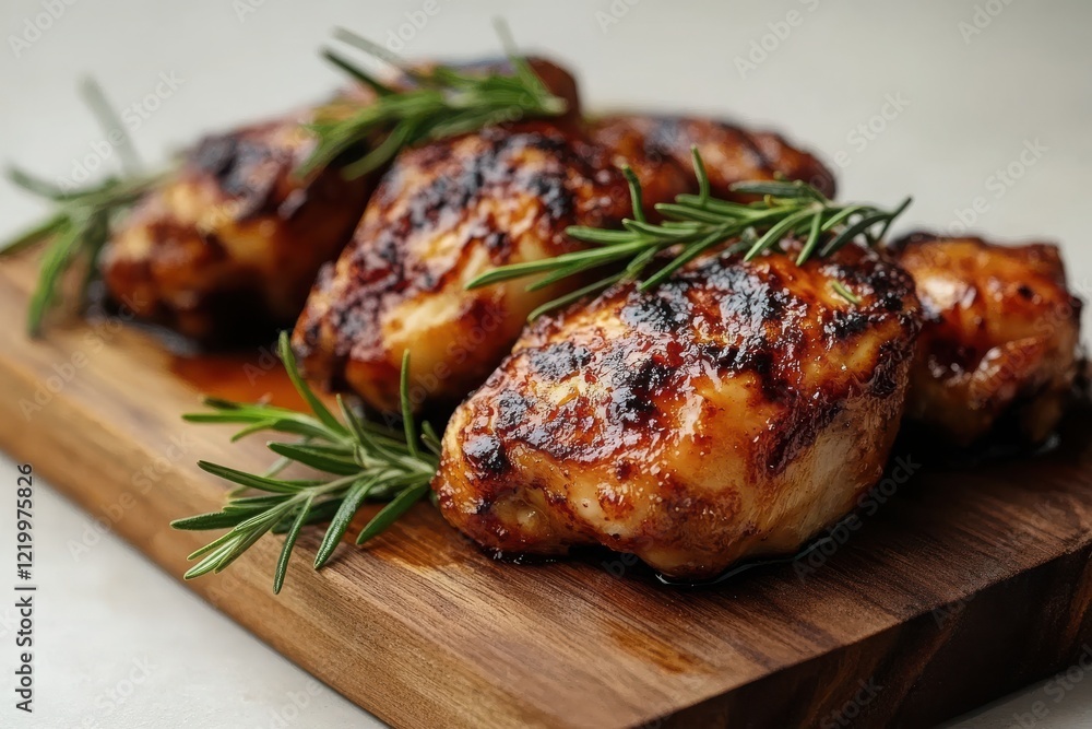 Elegant Chicken on Rustic Wooden Board with Rosemary Elegant Chicken on Rustic Wooden Board with Rosemary