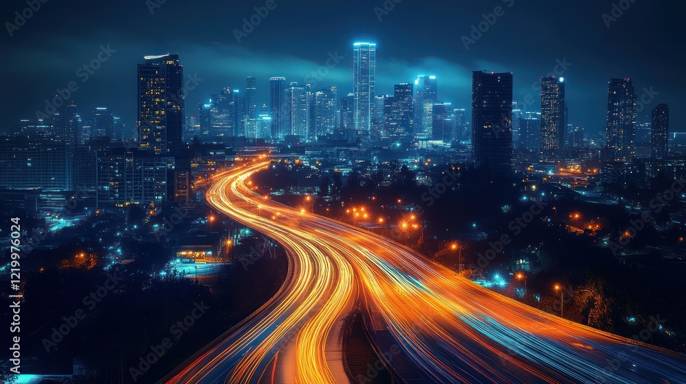 Futuristic Urban Cityscape at Night with Light Trails and 5G Technology Development Futuristic Urban Cityscape at Night with Light Trails and 5G Technology Development