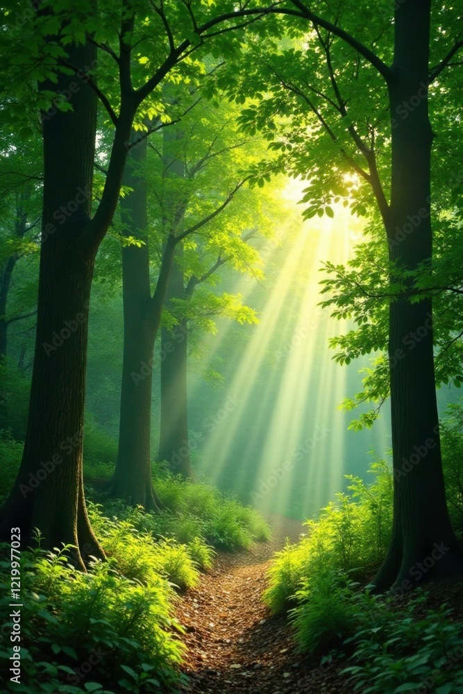 Obraz premium Dappled sunlight filters through leafy canopy, , trees, forest