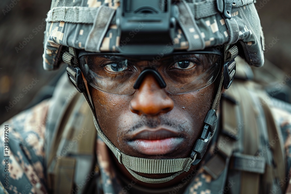 Close-up portrait of a young Black male soldier in camouflage uniform and helmet, showcasing determination and focus. Close-up portrait of a young Black male soldier in camouflage uniform and helmet, showcasing determination and focus.