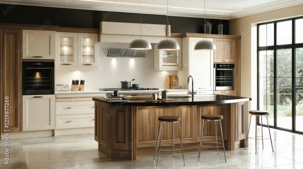 A kitchen with a wooden island and a black countertop A kitchen with a wooden island and a black countertop