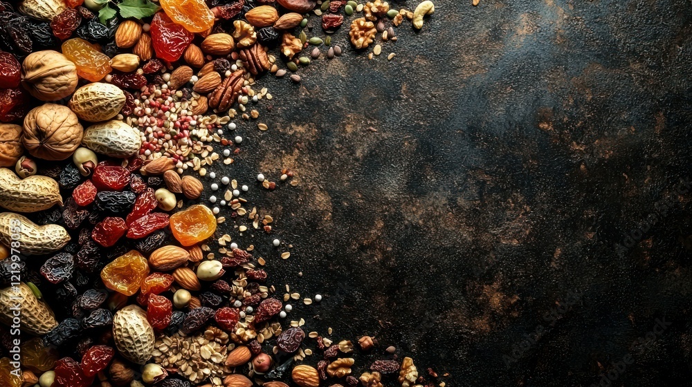 Fototapeta premium Dried fruit, nuts, granola on dark background