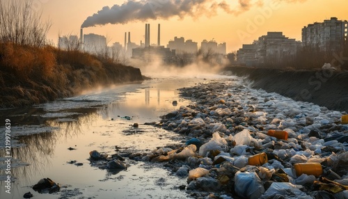 Polluted City Waste Stream in Urban Area at Sunset