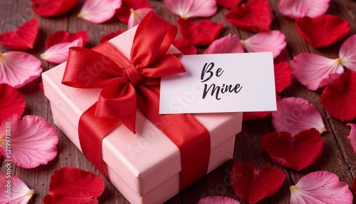  A beautifully wrapped Valentine’s gift box with a ribbon.Surrounded by red and pink rose petals.  A handwritten note with “Be Mine” resting on top. Bright and cheerful holiday mood.