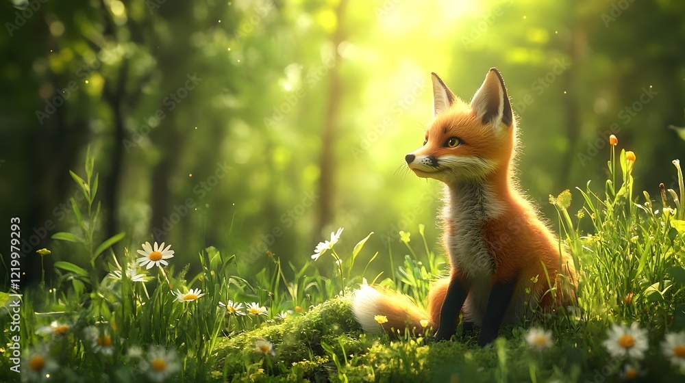 Fototapeta premium Whimsical 3D Fox Cub Sitting in Lush Green Forest Surrounded by Wildflowers