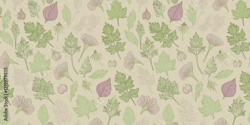 repeating pattern of stylized floral and leaf motifs in a variety of colors against a white background.