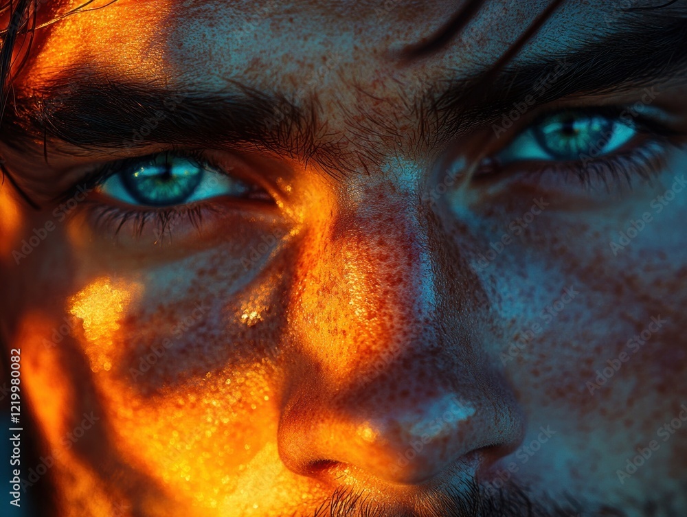 Naklejka premium close-up portrait of a focused man in glasses working late at night on a computer with blue and orange lighting
