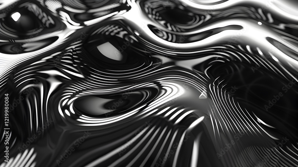 Naklejka premium Abstract black and white fluid surface with wavy patterns and reflections.