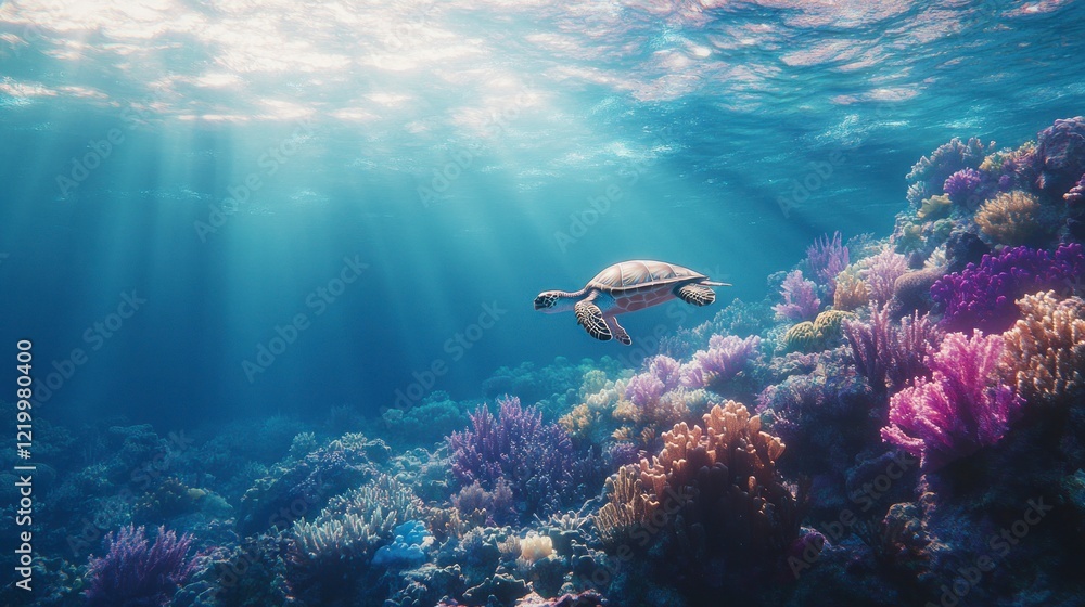 Obraz premium A close-up of an underwater scene with coral reefs and sea turtles, captured in high definition photography style.