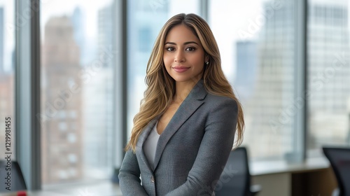 Free Download A confident and elegant businesswoman in a suit, standing in a modern office with glass windows overlooking the city. - GFXLoad