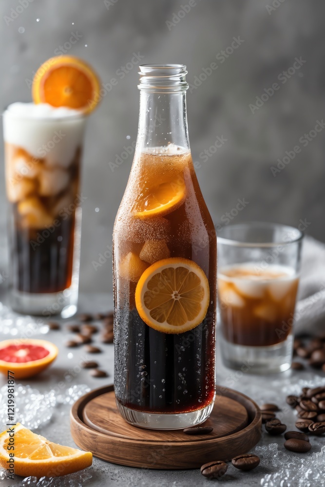 A refreshing beverage served in a bottle and glass, garnished with citrus slices. A refreshing beverage served in a bottle and glass, garnished with citrus slices.