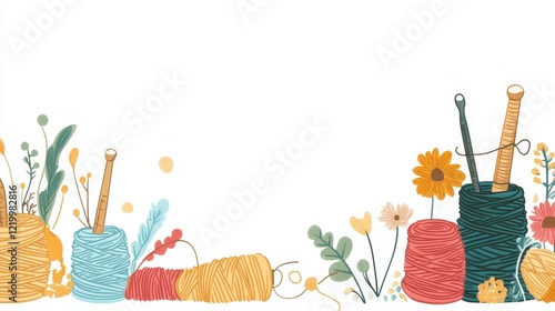 Colorful Yarn Spools and Flowers Artistic Border Design