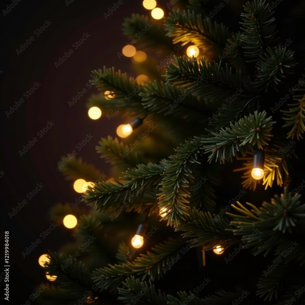 Dark and moody Christmas tree with glowing light bulbs in garland, twinkling lights, holiday decor, christmas tree Dark and moody Christmas tree with glowing light bulbs in garland, twinkling lights, holiday decor, christmas tree