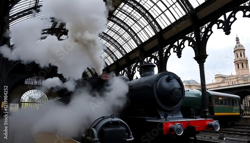 Steam Train Chuffing In Historic Train Station photo