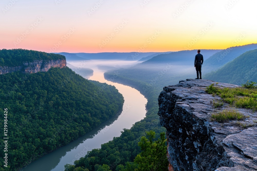 Solitary Figure Overlooking a Serene River Valley at Sunrise Solitary Figure Overlooking a Serene River Valley at Sunrise