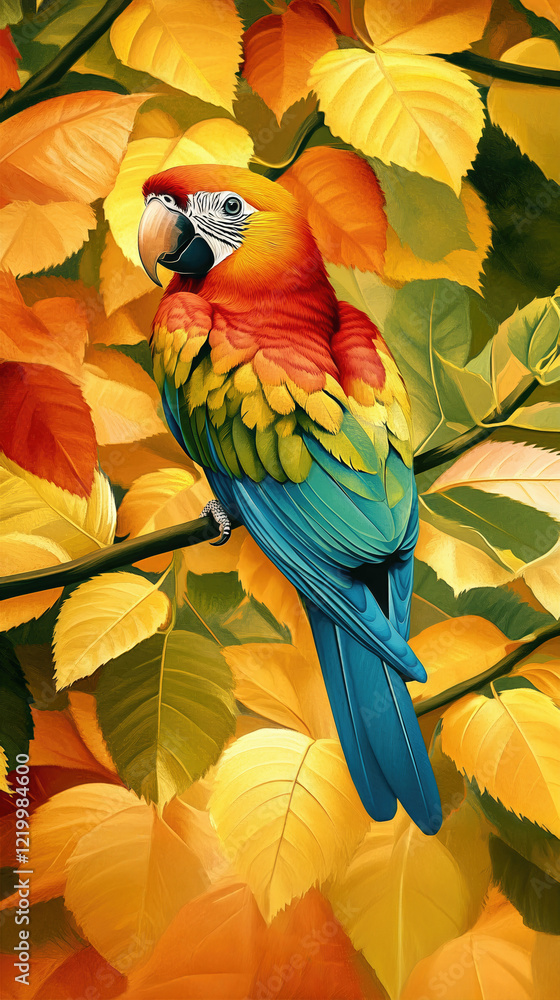 Obraz premium Vivid Parrot in Autumn Leaves: Colorful Bird Illustration for Nature and Wildlife Lovers