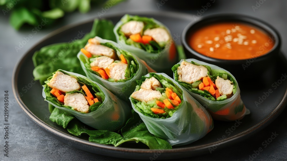 Delicious chicken and vegetable summer rolls. Perfect for healthy eating, showcasing fresh ingredients. Delicious chicken and vegetable summer rolls. Perfect for healthy eating, showcasing fresh ingredients.