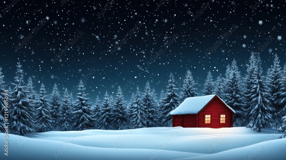 Fototapeta premium Cartoon Cozy Winter Cabin in Snowy Forest with High Contrast Style