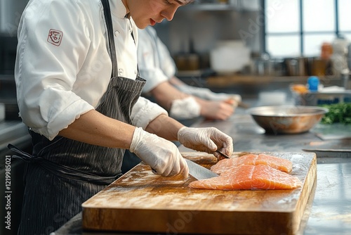 Fototapeta Naklejka Na Ścianę i Meble -  Chefs Filleting Fish in Culinary School Kitchen with Natural Light