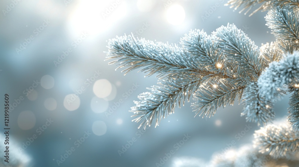 Frosty pine branch, winter forest bokeh, holiday card Frosty pine branch, winter forest bokeh, holiday card