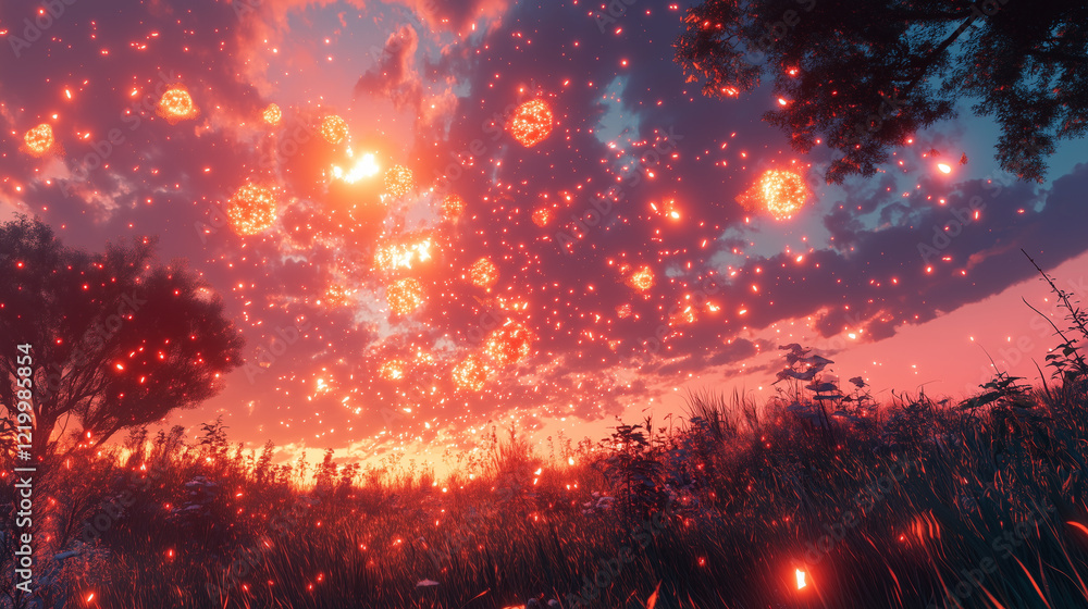 Naklejka premium Magical Sunset Landscape With Glowing Particles