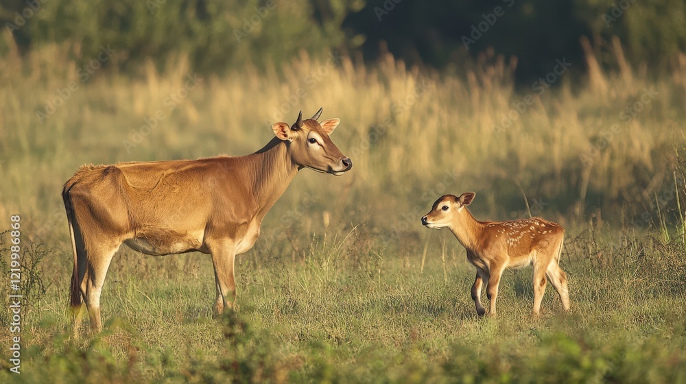Naklejka premium A mother cow and her calf are standing in a grassy field