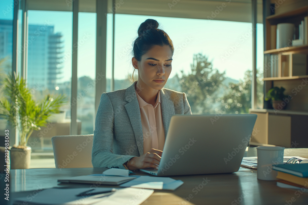 A focused businesswoman is seated at her modern desk in a bright, professional office, adjusting her laptop screen while preparing for work A focused businesswoman is seated at her modern desk in a bright, professional office, adjusting her laptop screen while preparing for work