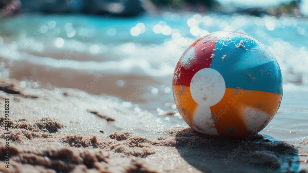 A colorful beach ball resting on the sand near the water's edge. A colorful beach ball resting on the sand near the water's edge.