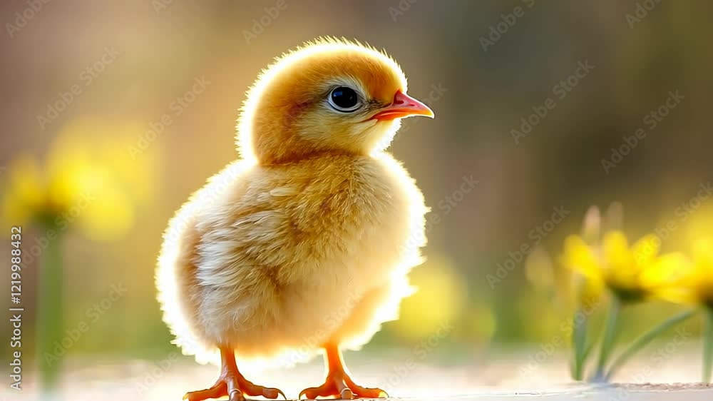 Cute yellow chick standing in a sunlit meadow surrounded by blooming flowers during a serene spring afternoon. Generative AI Cute yellow chick standing in a sunlit meadow surrounded by blooming flowers during a serene spring afternoon. Generative AI