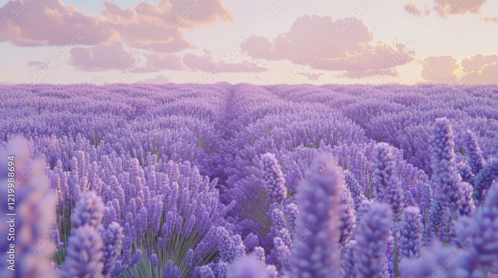 Obraz premium Lush Lavender Field Under Soft Pink Clouds at Golden Hour in Serene Rural Landscape