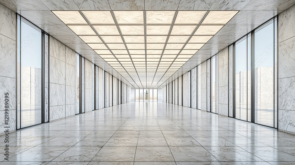 Empty corridor with tiled floor and ceiling with large windows. Space for any use Empty corridor with tiled floor and ceiling with large windows. Space for any use