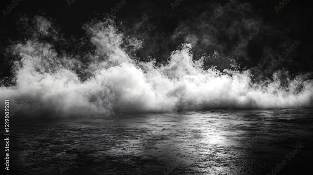 Dark misty smoke floating above the reflective dark surface, for background Dark misty smoke floating above the reflective dark surface, for background