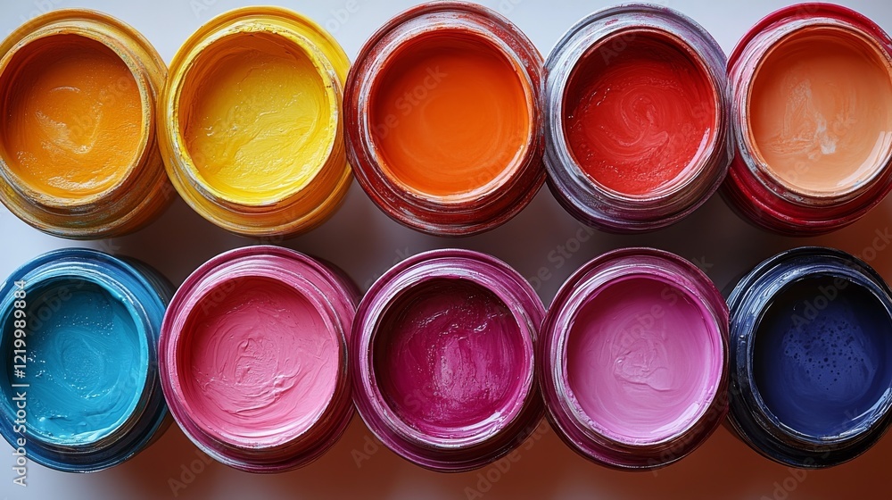 Array of Neatly Arranged Paint Cans with Lids in Close-Up View, Colorful Paint Cans, Artistic Paint Supplies Array of Neatly Arranged Paint Cans with Lids in Close-Up View, Colorful Paint Cans, Artistic Paint Supplies