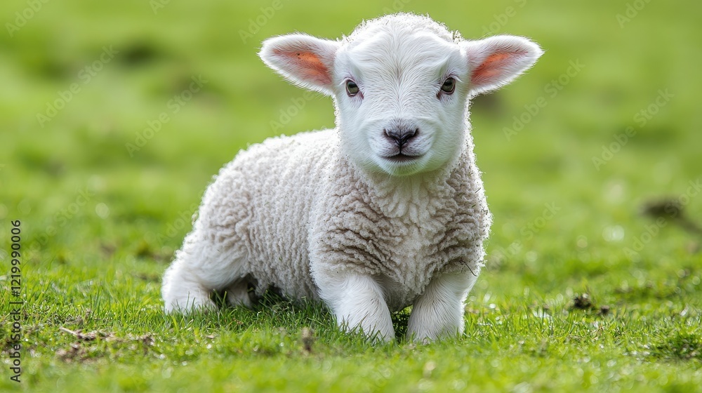 Fototapeta premium Lamb sits pasture spring green field farm
