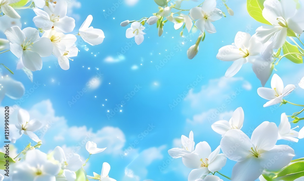 Obraz premium Jasmine flowers on blue sky background for design purpose, generation AI 