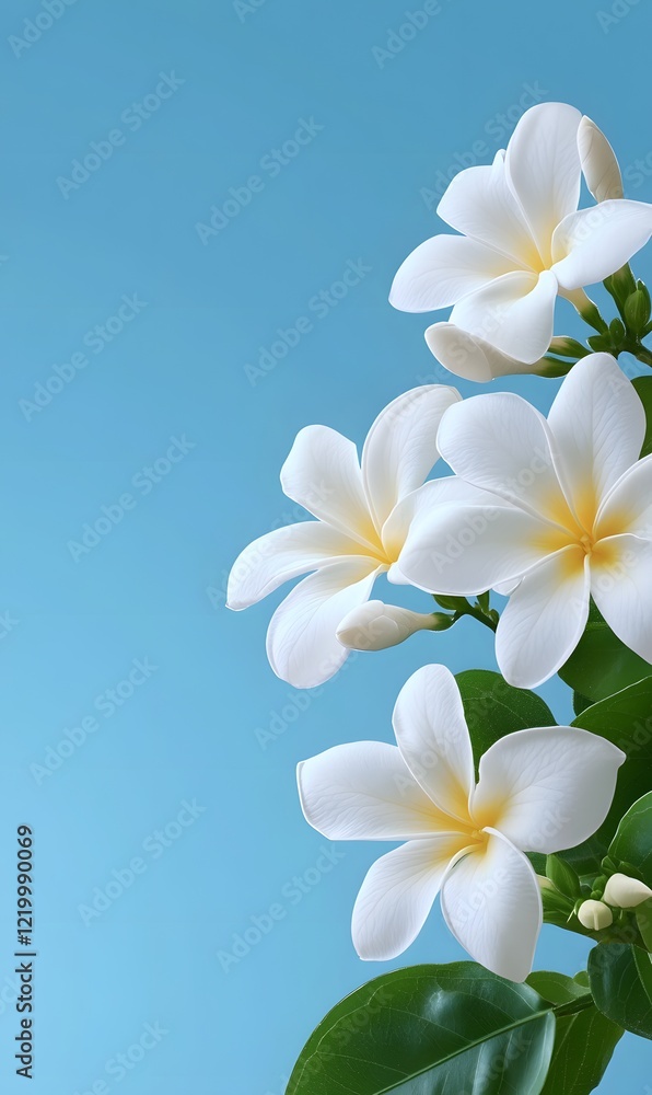 Jasmine flowers on blue sky background for design purpose, generation AI Jasmine flowers on blue sky background for design purpose, generation AI