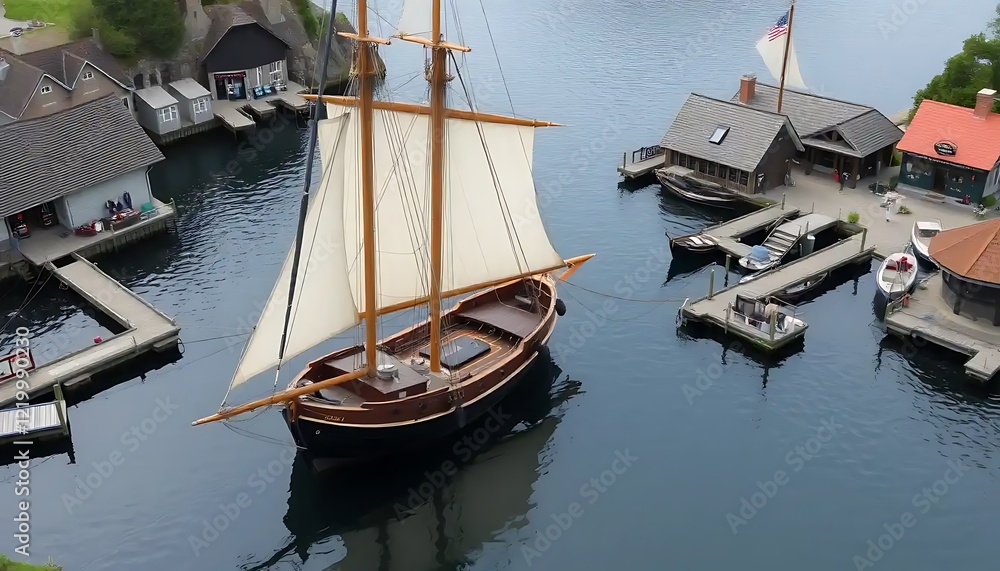 Wooden Sailing Ship Docked at a Picturesque Harbor
