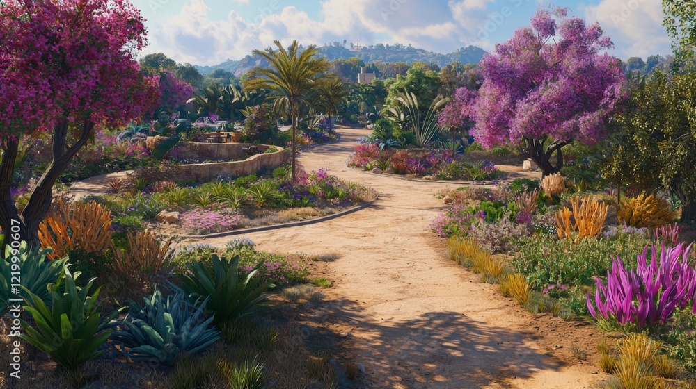 Fototapeta premium Vibrant Scenic Pathway Through Blooming Garden Filled with Colorful Flora and Lush Plants Under a Bright Blue Sky