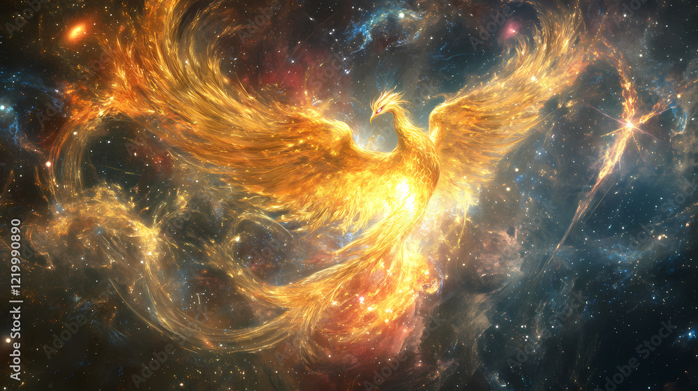 A golden phoenix with iridescent feathers rising amidst swirling galaxies and celestial light beams, symbolizing the eternal cycle of life and mystical transformation. Eternal Dawn. Illustration A golden phoenix with iridescent feathers rising amidst swirling galaxies and celestial light beams, symbolizing the eternal cycle of life and mystical transformation. Eternal Dawn. Illustration