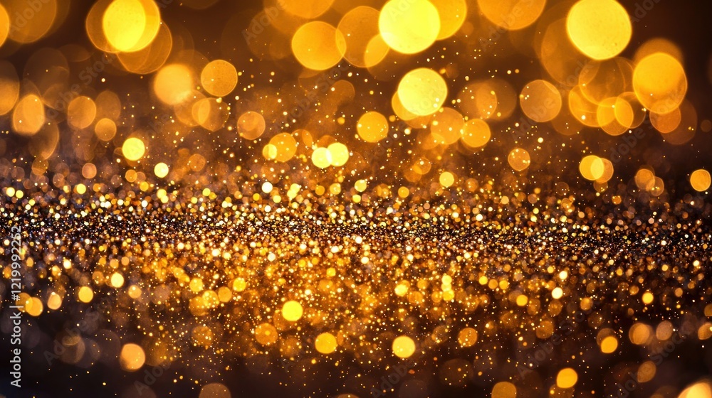 Golden glitter bokeh lights, dark background, festive design Golden glitter bokeh lights, dark background, festive design