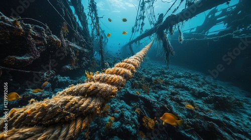 Underwater shipwreck rope, fish, ocean floor.  Diving exploration photo