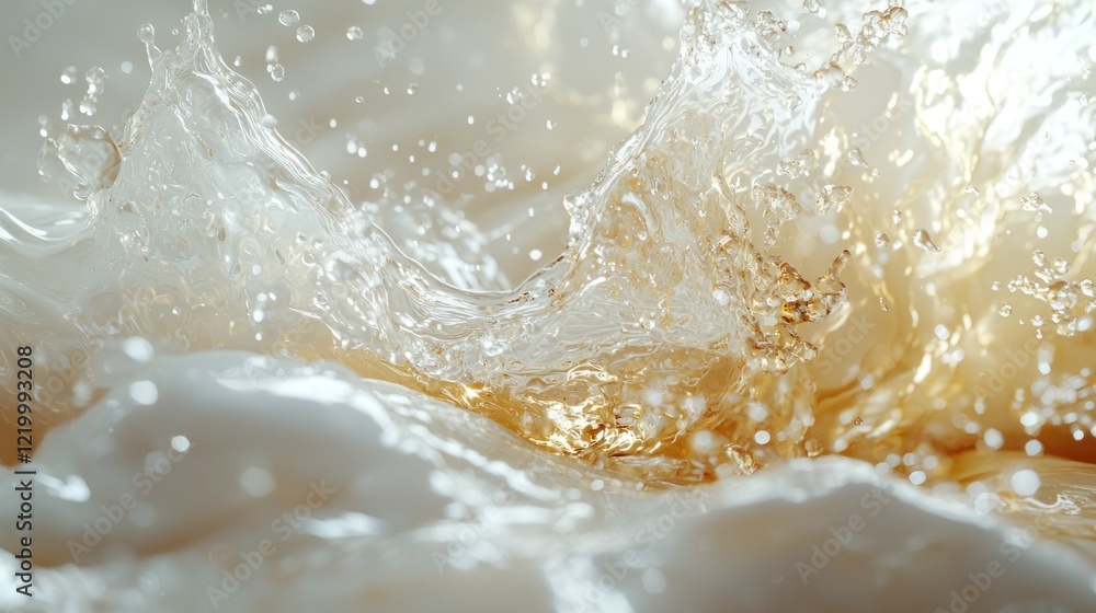 Golden liquid splashing, creamy background, studio shot, beverage advertising Golden liquid splashing, creamy background, studio shot, beverage advertising