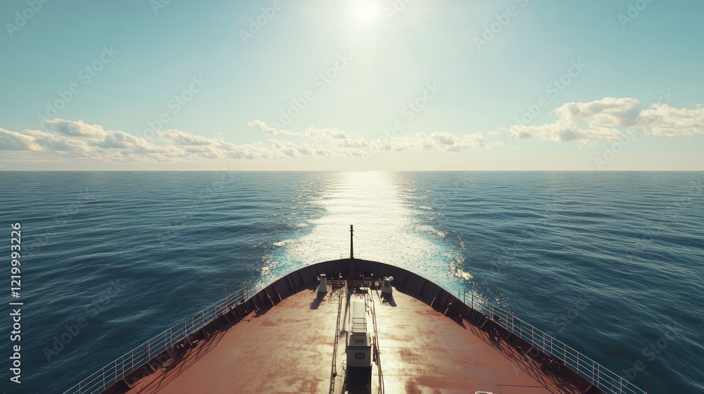 Fototapeta premium A panoramic view of the deck from above, showcasing an oil tanker at sea with clear skies and calm waters.