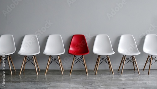 A single red chair stands out among a row of white chairs against a minimalist gray wall. The contrast is striking, symbolizing individuality and standing out from the crowd.