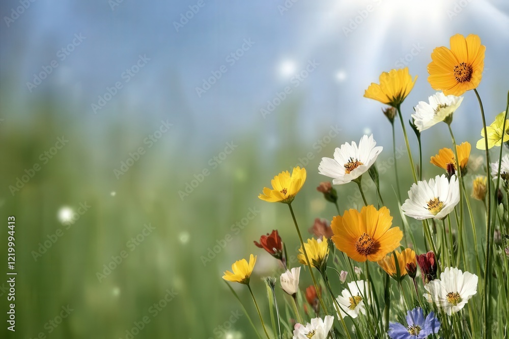 Fototapeta premium Field of colorful flowers under a bright sun against a clear blue sky in a rural landscape