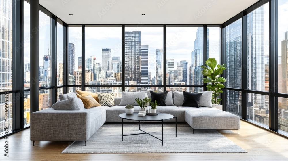Fototapeta premium An upscale penthouse with floor-to-ceiling windows and a city skyline view.