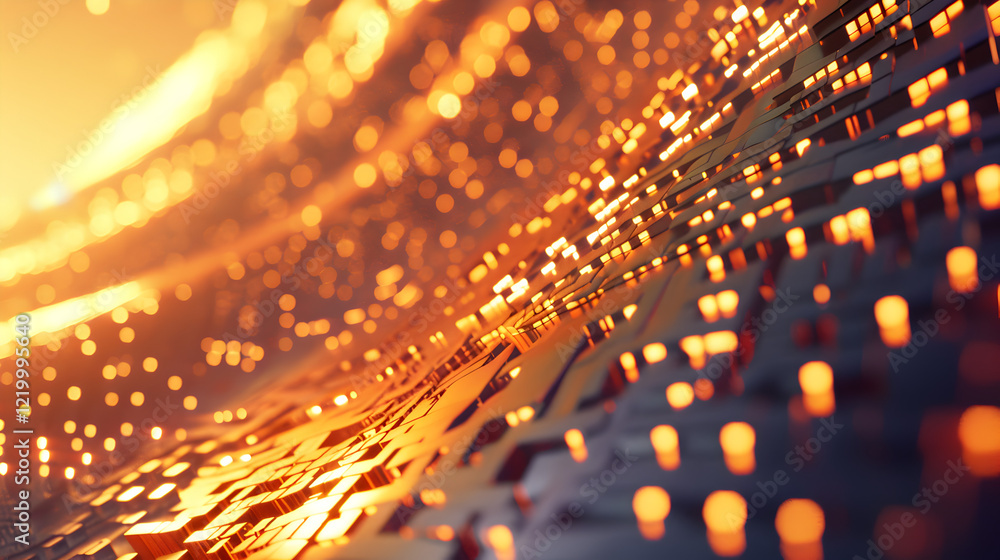 Fototapeta premium Abstract digital landscape with glowing elements and intricate patterns.