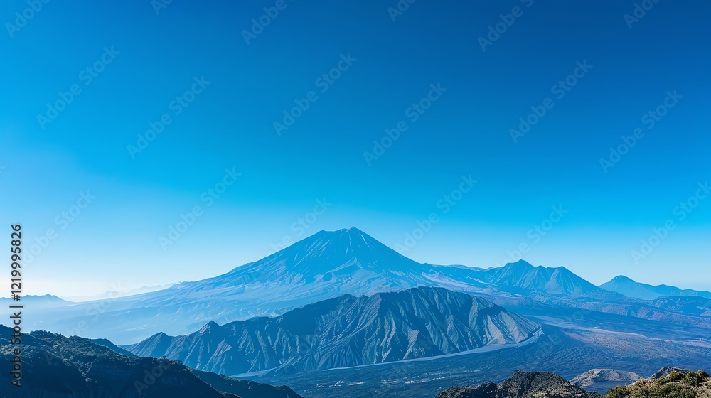 A panoramic view of a mountain range with a clear blue sky. A panoramic view of a mountain range with a clear blue sky.