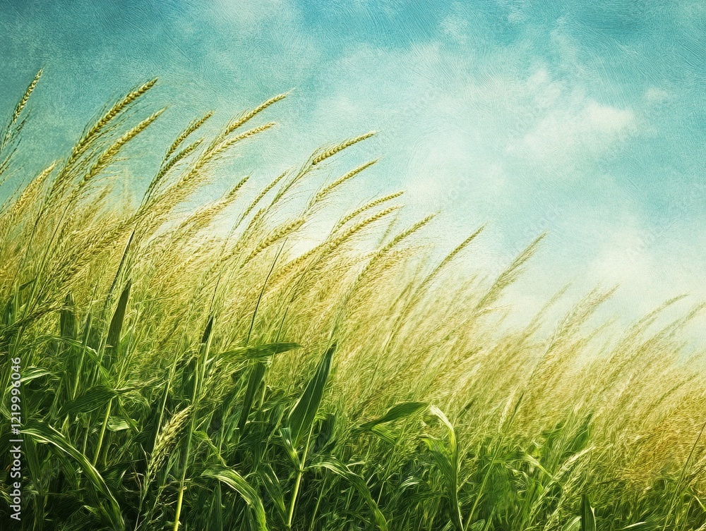 Fototapeta premium Golden grass field swaying in gentle breeze under vintage sky