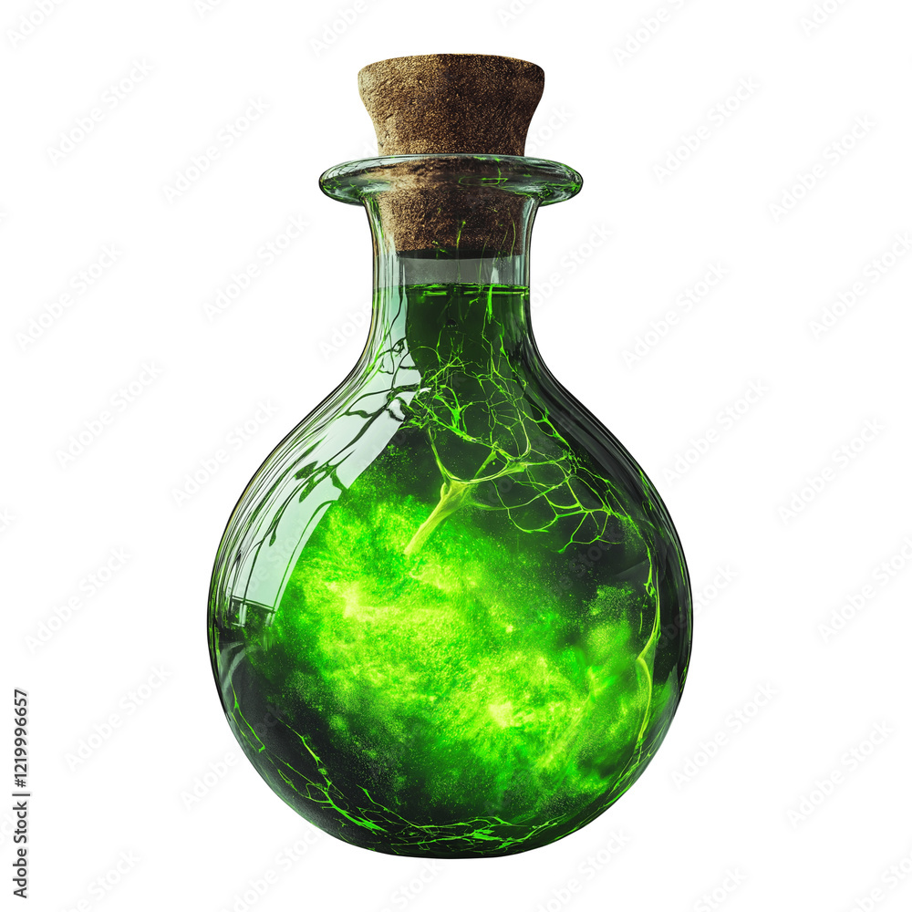Glass Bottle with Glowing Green Magical Potion and Organic Tree-like Patterns, Isolated on Transparent Background. Cutout. Glass Bottle with Glowing Green Magical Potion and Organic Tree-like Patterns, Isolated on Transparent Background. Cutout.
